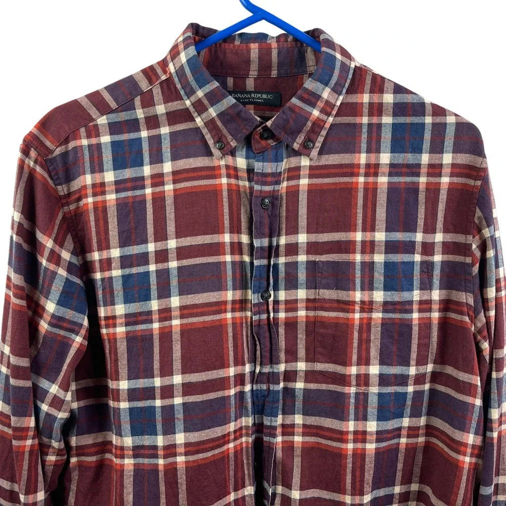 Banana Republic Luxe Flannel Slim Shirt Mens L Burgundy Plaid